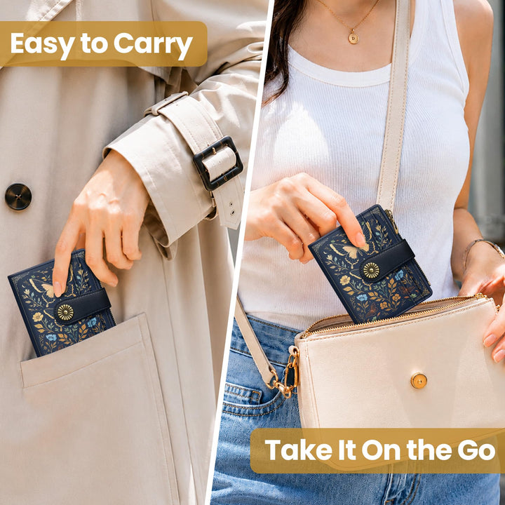 محفظة ألونيد الصغيرة للنساء، محفظة بطاقات ثنائية الطي لطيفة ومحمية من تقنية RFID، تحتوي على 10 فتحات للبطاقات، ومقصورة للنقود، وجيب بسحاب للعملات المعدنية، ونافذة للهوية، بحجم مدمج ومصنوعة من جلد نباتي ناعم