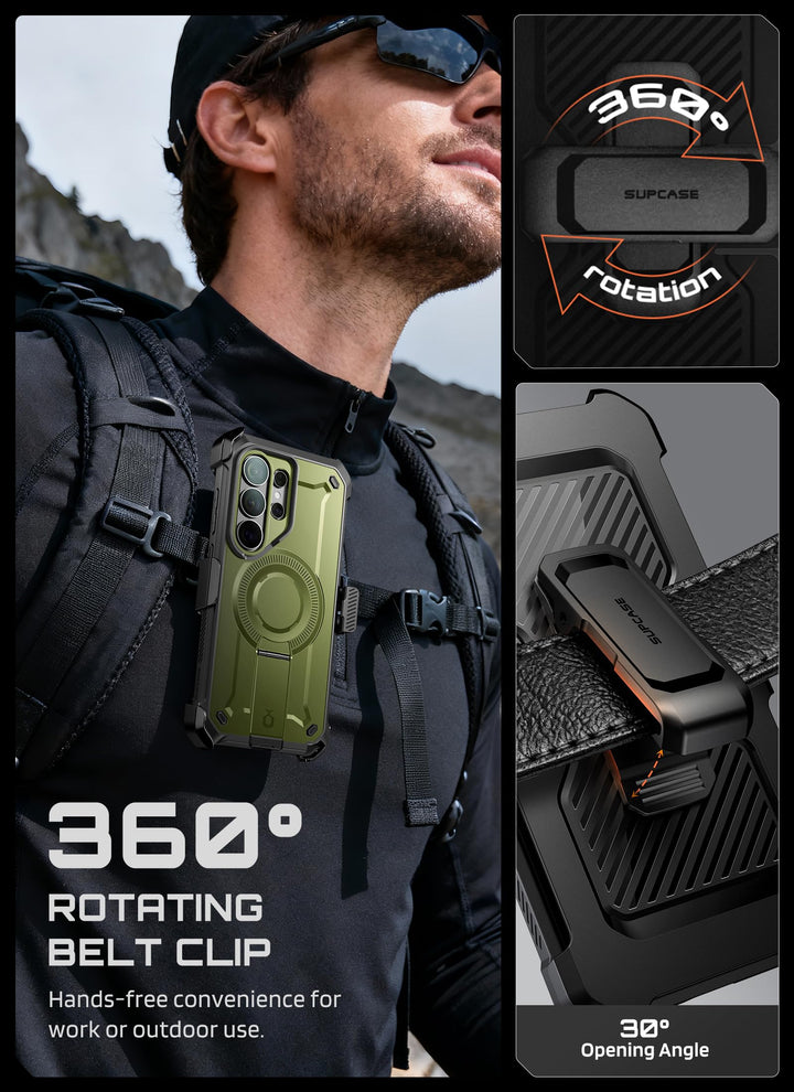 حافظة SUPCASE لسلسلة Samsung Galaxy S26 مزودة بحامل مدمج، وحماية بمعيار عسكري، ومتوافقة مع MagSafe، ومشبك حزام قابل للفصل، وواقي شاشة وإطار أمامي مدمجين، UBPro Mag