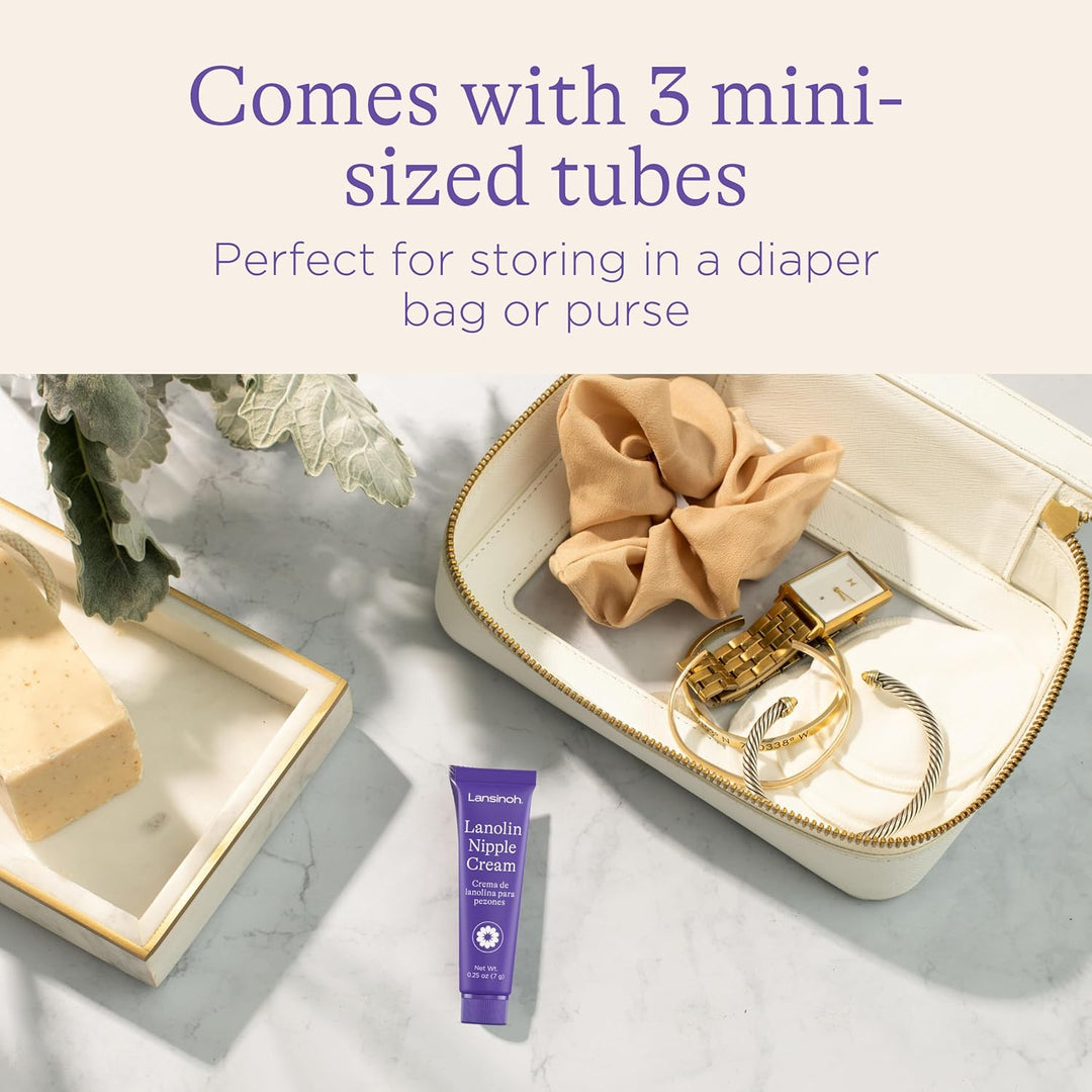 Lansinoh Lanolin Nipple Cream Safe for Breastfeeding Baby, Breastfeeding Essentials, 3 Mini Tubes, Each 0.25 Ounces