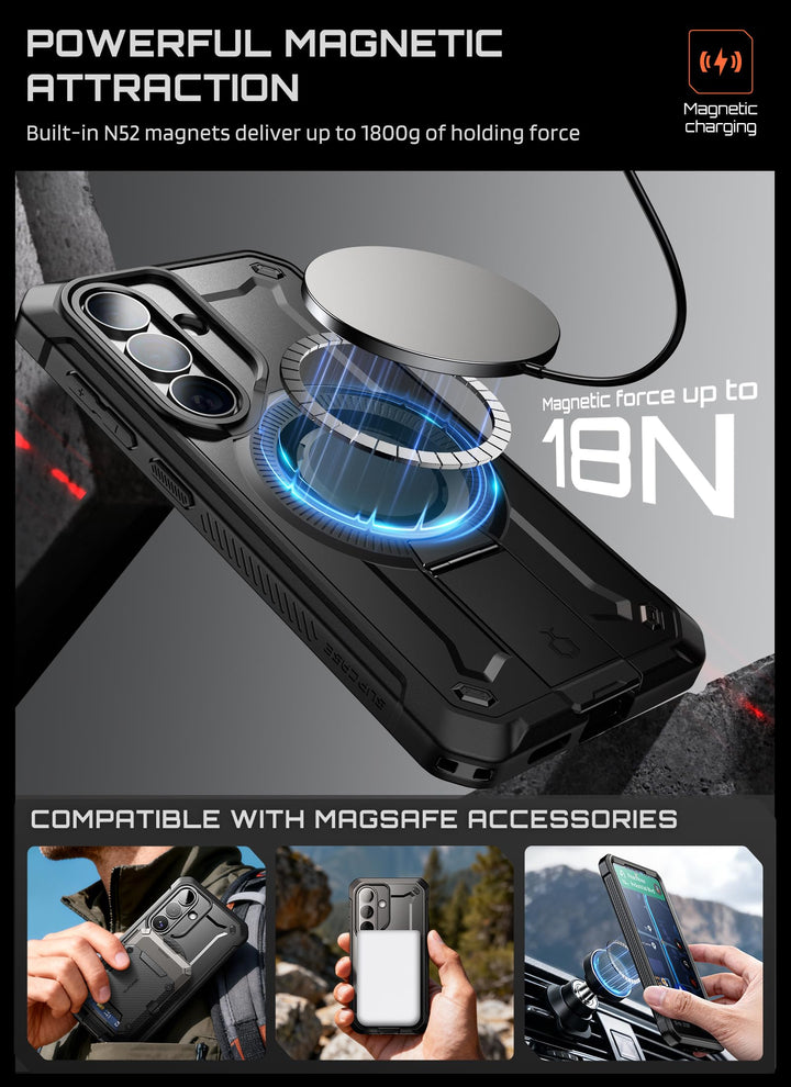 حافظة SUPCASE لسلسلة Samsung Galaxy S26 مزودة بحامل مدمج، وحماية بمعيار عسكري، ومتوافقة مع MagSafe، ومشبك حزام قابل للفصل، وواقي شاشة وإطار أمامي مدمجين، UBPro Mag