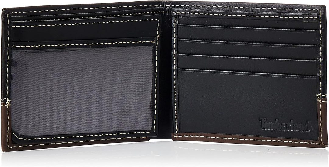 Timberland D67001/77 mens Leather Passcase Trifold Wallet Hybrid, Black/Cognac