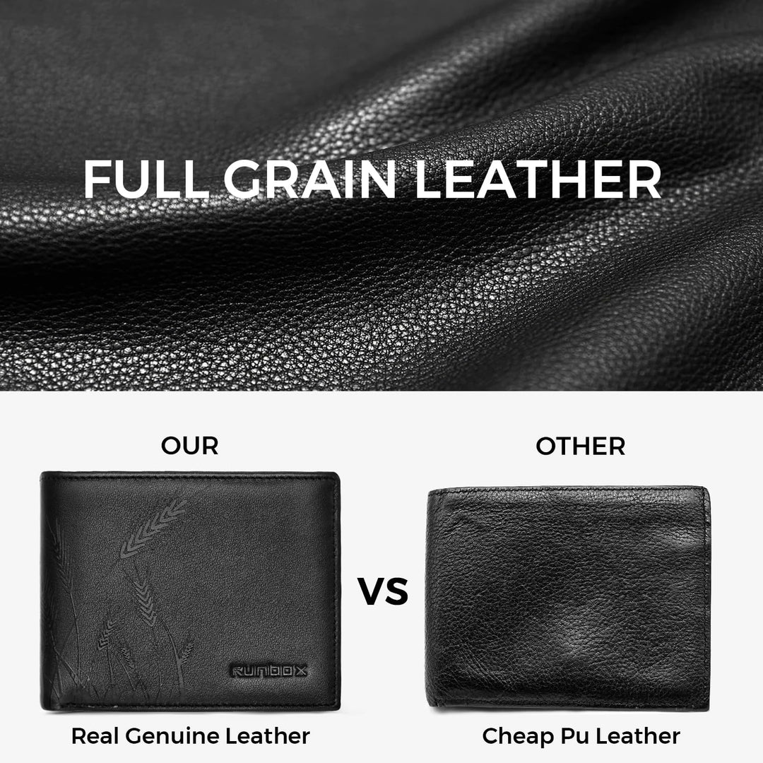 RUNBOX Wallet for Men Leather RFID Blocking Bifold Front Pocket Wallet Genuine Leather,Slim,12 Card Slots,2 ID Windows,2 Money Pockets, Gift for Men,Compact Travel Business Passport