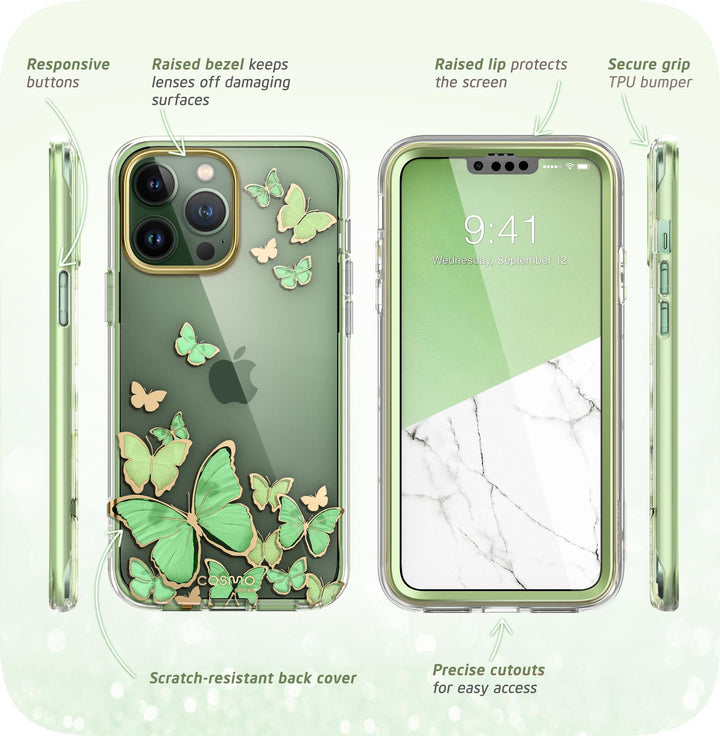 i-Blason Cosmo for iPhone 13 Pro Max Case [Built-in Screen Protector] [Military-Grade Protection] Slim Full-Body Stylish Protective Shockproof Phone Case for iPhone 13 Pro Max (Butterfly)