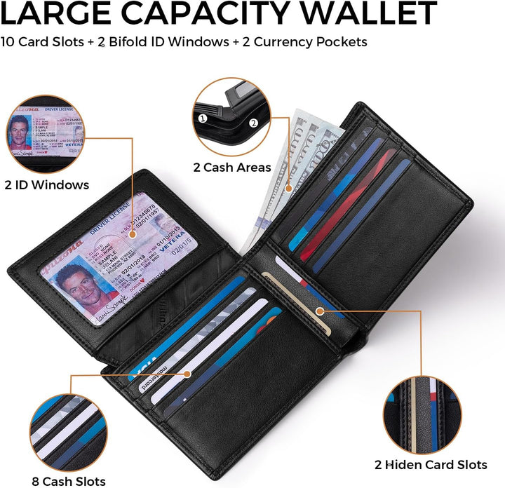RUNBOX Wallet for Men Leather RFID Blocking Bifold Front Pocket Wallet Genuine Leather,Slim,12 Card Slots,2 ID Windows,2 Money Pockets, Gift for Men,Compact Travel Business Passport