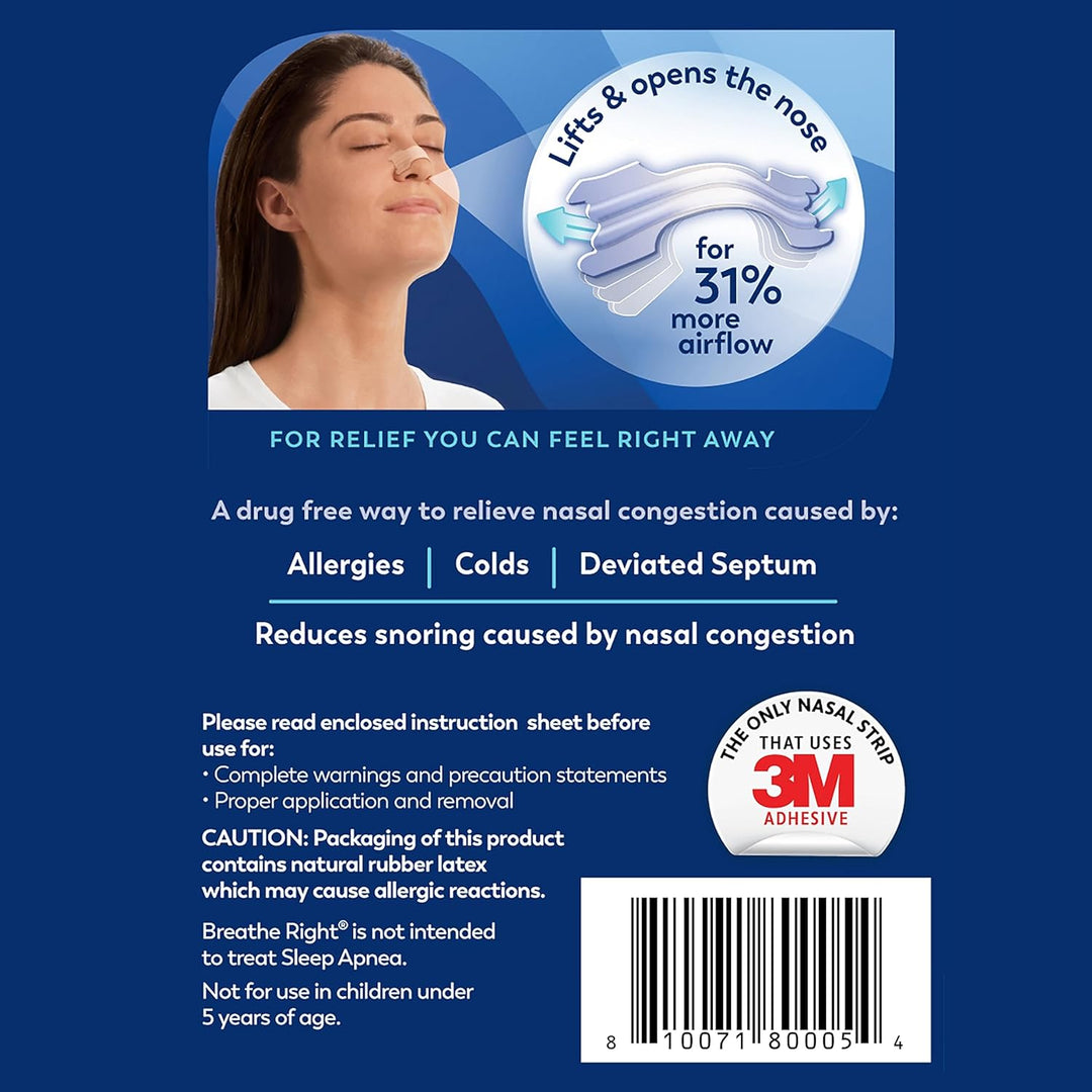 Breathe Right Nasal Strips, Clear Large Nose Strips, Snoring, Nasal Congestion, Deviated Septum, Allergies, 30 Ct