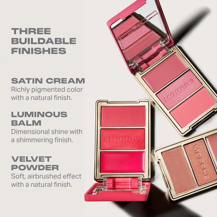Morphe Cheek Thrills Multi-Finish Face Trio - Blush for Cheeks with Cream, Balm, and Powder Finishes - Buildable Monochromatic Face Palette for Glow and Dimension