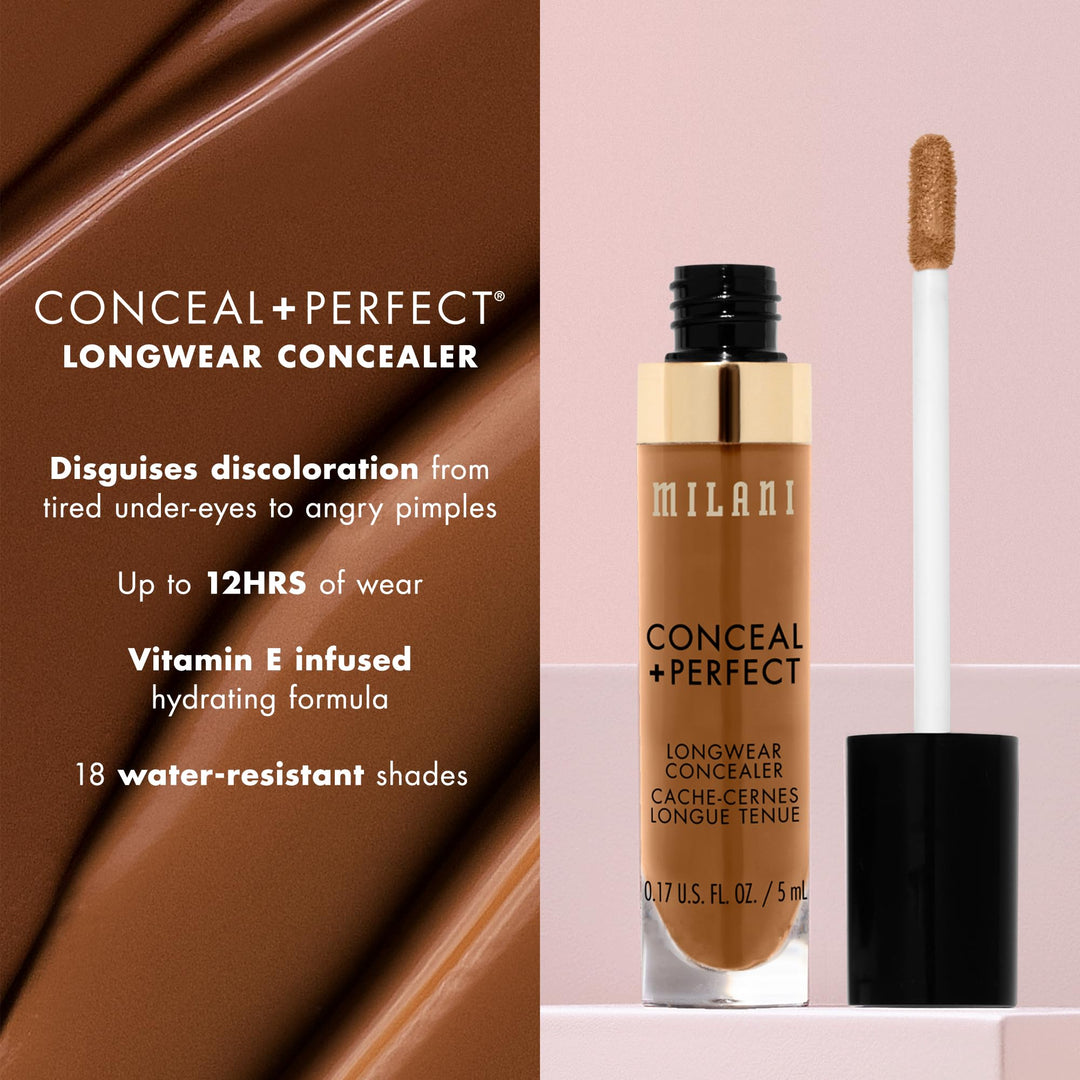 Milani Conceal + Perfect Longwear Concealer Full Coverage Infused with Hyaluronic Acid &amp; Vitamin E, Cover Dark Circles, Blemishes &amp; Skin Imperfections for Long-Lasting Wear