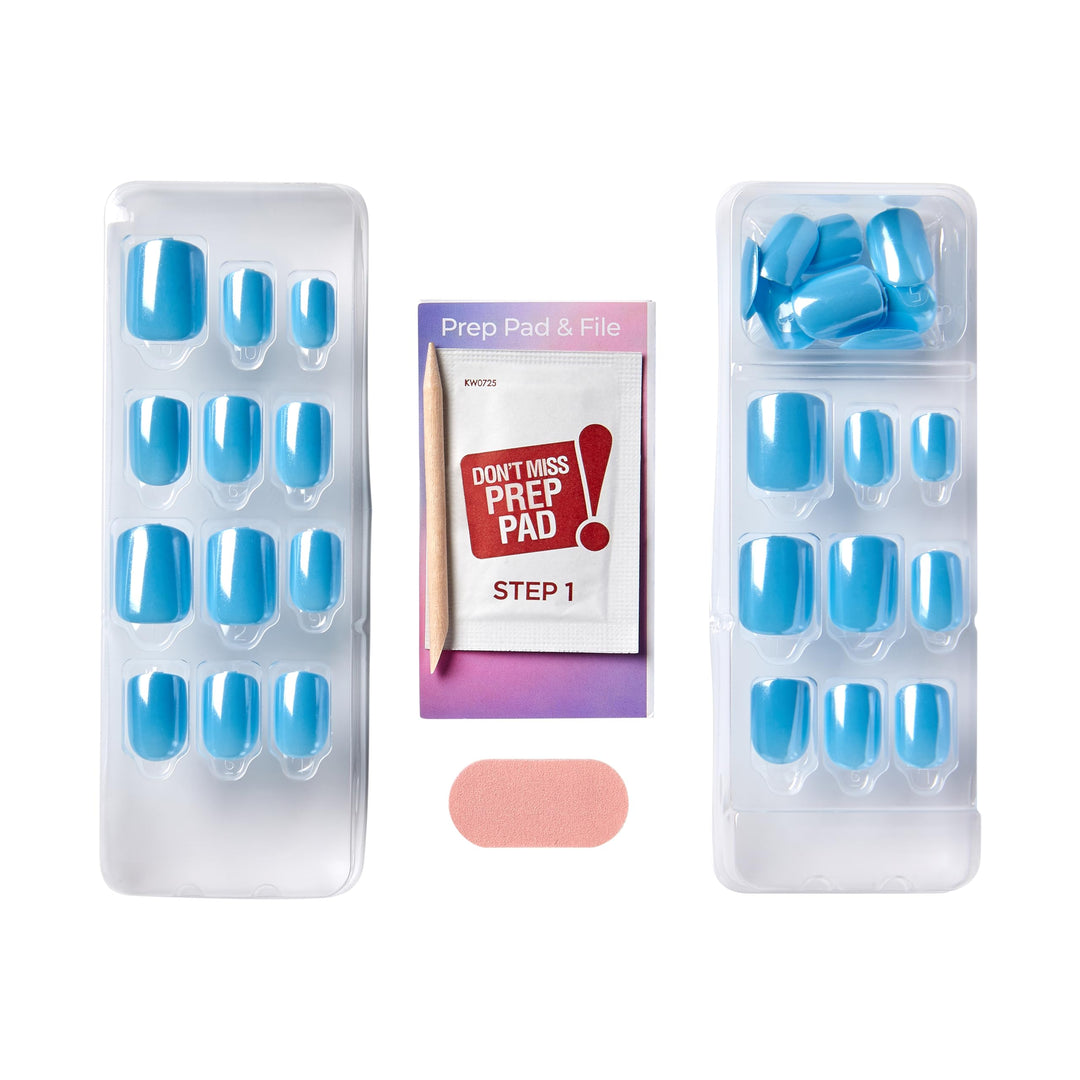 KISS colorFX by imPRESS Press On Nails , ‘Reconnect’, Solid Blue with Pearlescent Finish, Short Oval, New &amp; Improved Adhesive, Includes 30 Fake Nails, Prep Pad, 1 Manicure Stick, 1 Mini Nail File