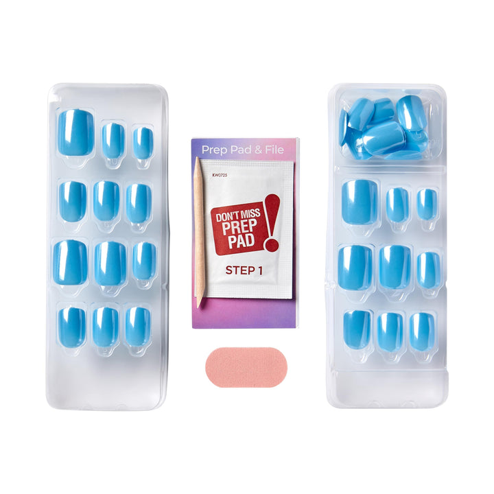 KISS colorFX by imPRESS Press On Nails , ‘Reconnect’, Solid Blue with Pearlescent Finish, Short Oval, New &amp; Improved Adhesive, Includes 30 Fake Nails, Prep Pad, 1 Manicure Stick, 1 Mini Nail File