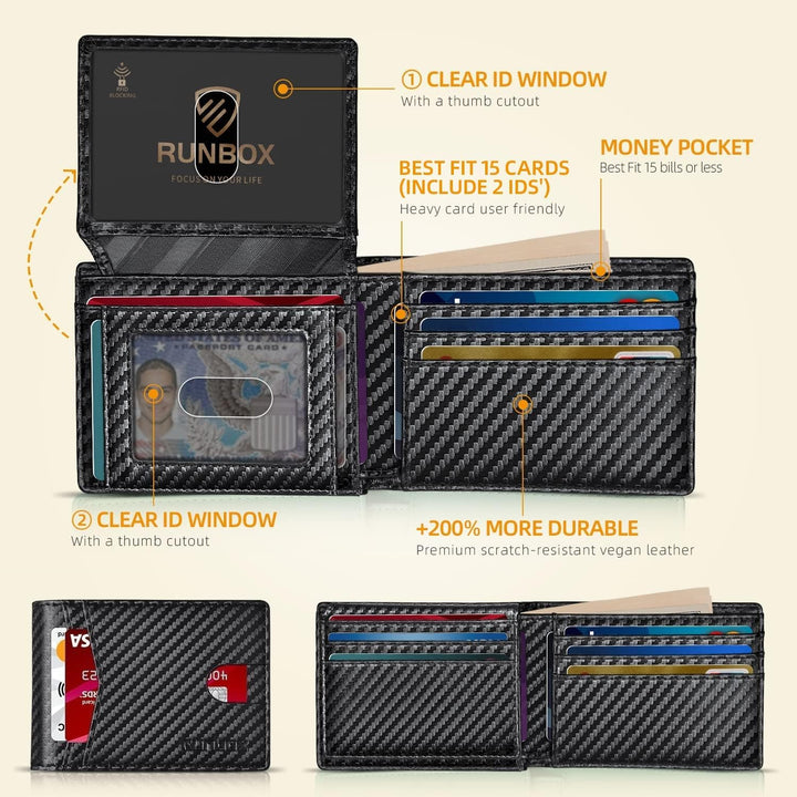 RUNBOX Wallet for Men Slim Rfid Leather 2 ID Window With Gift Box