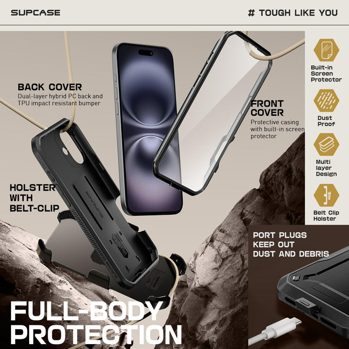 SUPCASE for iPhone 16 Case with Screen Protector (Unicorn Beetle Pro), [Built-in Stand & Belt-Clip] [Military-Grade Protection] Full Body Heavy Duty Phone Case for iPhone 16 6.1'' 2024