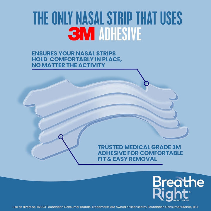 Breathe Right nasal strips with 3M adhesive on a blue background