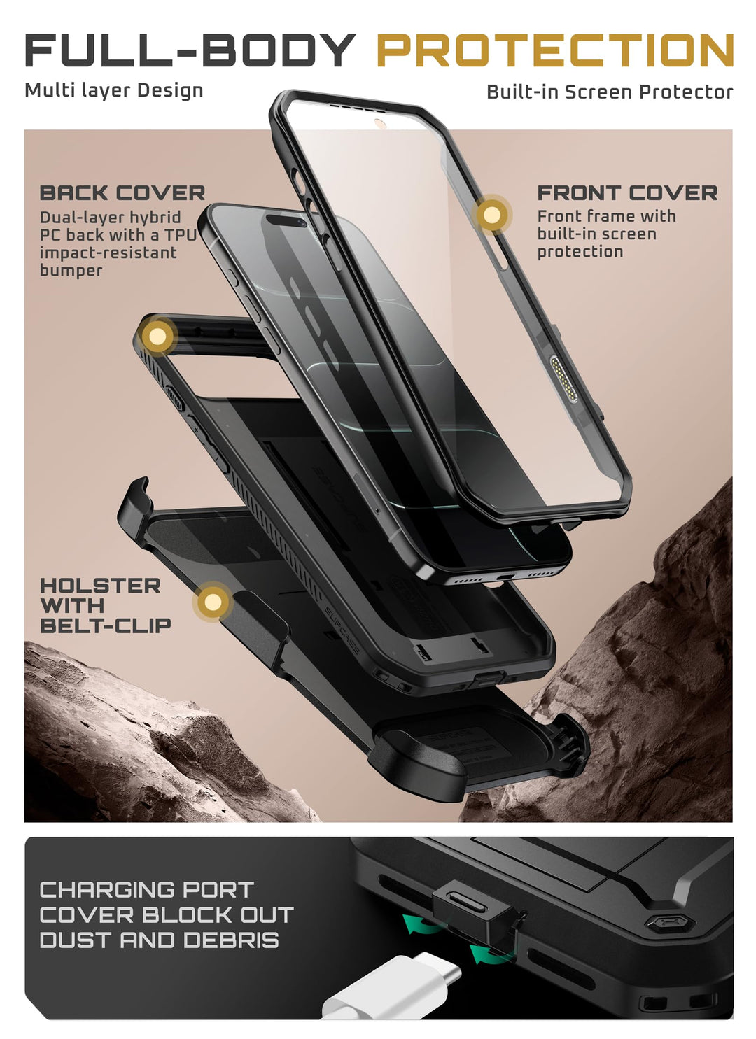 SUPCASE for iPhone Case, Belt Clip, Military-Grade Protection, Built-in Kickstand &amp; Screen Protector, Camera Control, Heavy-Duty Phone Case, Unicorn Beetle Pro