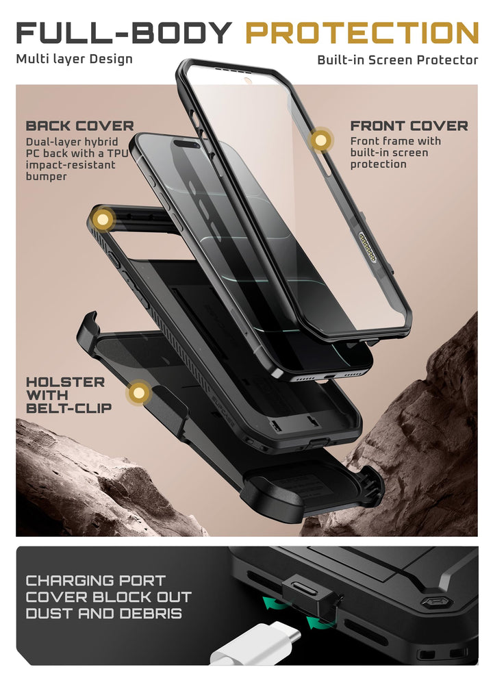 SUPCASE for iPhone Case, Belt Clip, Military-Grade Protection, Built-in Kickstand &amp; Screen Protector, Camera Control, Heavy-Duty Phone Case, Unicorn Beetle Pro