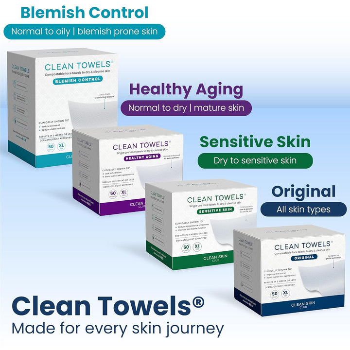 Clean Skin Club Clean Towels® XL Variety 4-Pack Travel Set, Disposable Face Towels, Includes Original, Sensitive, Blemish Control &amp; Healthy Aging, 40 Count Total, 10 Each