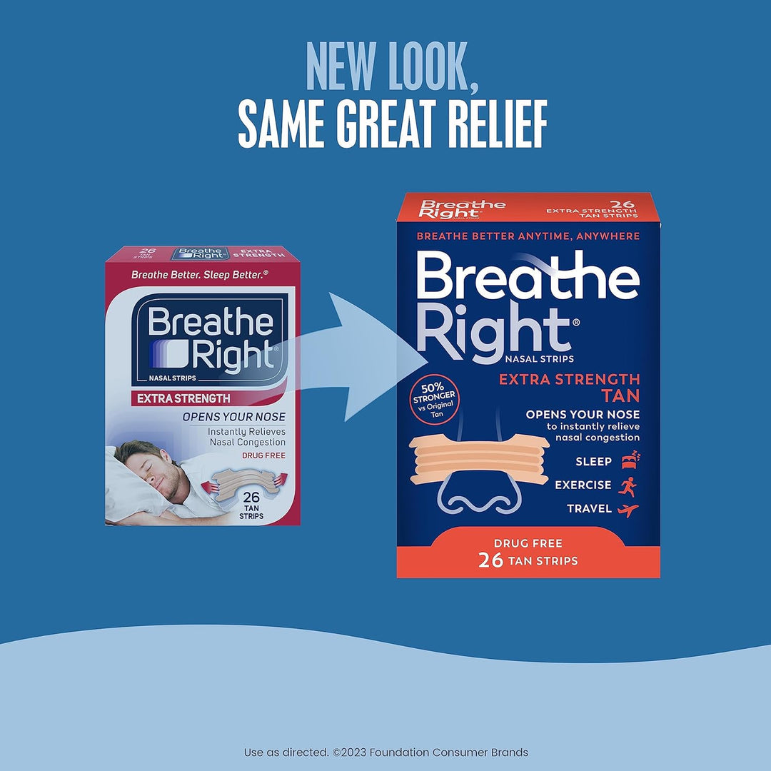Breathe Right Nasal Strips, Extra Strength Tan Nose Strips, Drug-Free Nasal Congestion Relief for Better Breathing, Help Relieve Snoring, Caused by Colds &amp; Allergies, Deviated Septum, 26ct