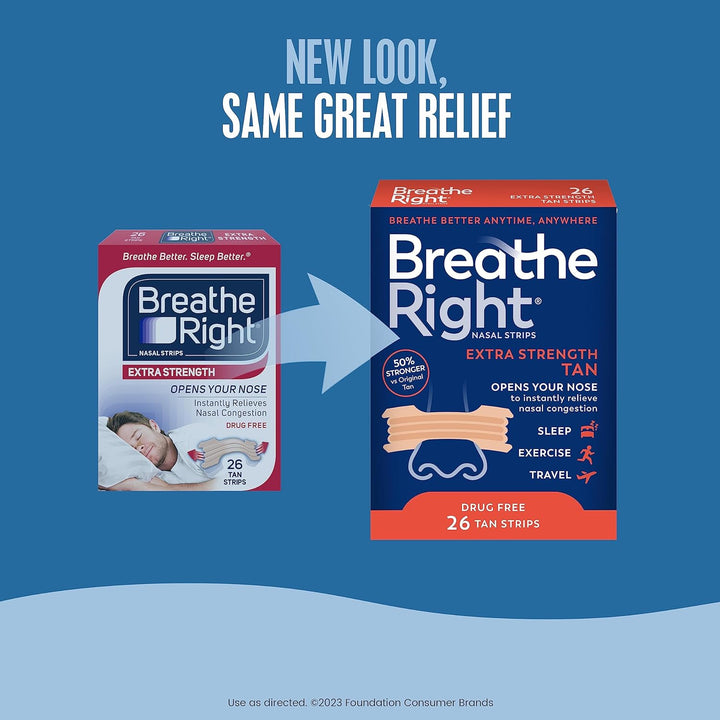 Breathe Right Nasal Strips, Extra Strength Tan Nose Strips, Drug-Free Nasal Congestion Relief for Better Breathing, Help Relieve Snoring, Caused by Colds &amp; Allergies, Deviated Septum, 26ct