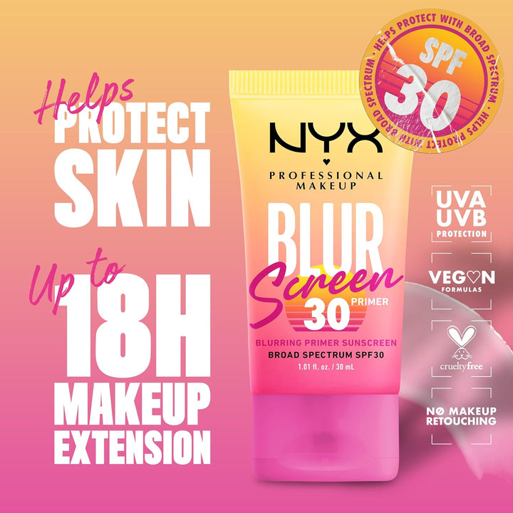 NYX PROFESSIONAL MAKEUP Blurscreen SPF 30 Primer، برايمر مكياج 3 في 1 لإخفاء العيوب مع واقي شمسي، تركيبة نباتية بدون علامات بيضاء أو شعور دهني