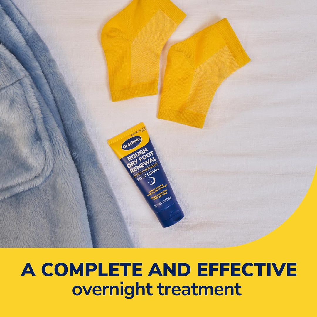 Dr. Scholl's Rough, Dry Foot Renewal Ultra Overnight Treatment with Overnight Foot Cream 3oz with Aloe, Coconut Oil & Urea and Heel Sleeve Socks, Deeply Moisturize & Soften Feet, Dermatologist Tested