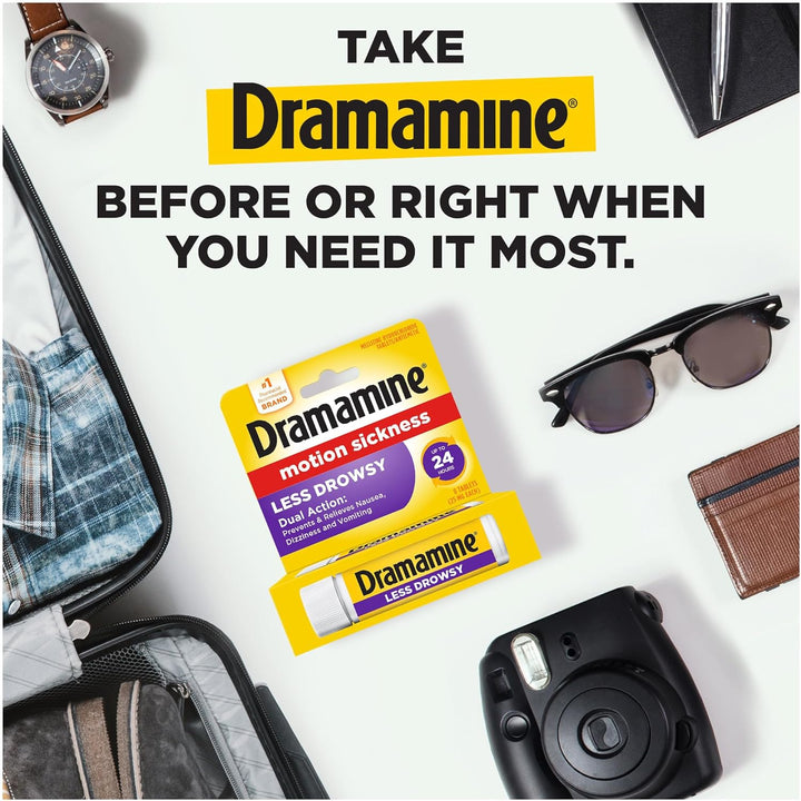 Dramamine Motion Sickness Less Drowsy, Travel Vial, Multicolor, 8 Count