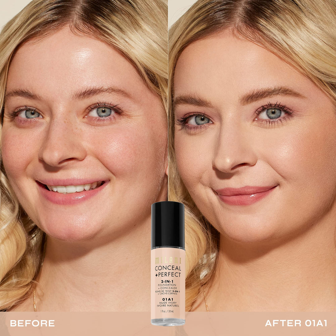 Milani Conceal + Perfect 2-in-1 Foundation + Concealer for a Flawless Complexion, Under Eye Corrector, Cover Redness and Imperfections, Waterproof and Sweatproof