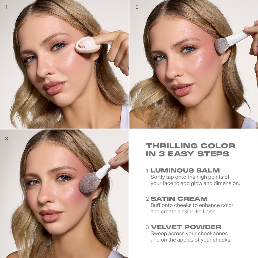 Morphe Cheek Thrills Multi-Finish Face Trio - Blush for Cheeks with Cream, Balm, and Powder Finishes - Buildable Monochromatic Face Palette for Glow and Dimension