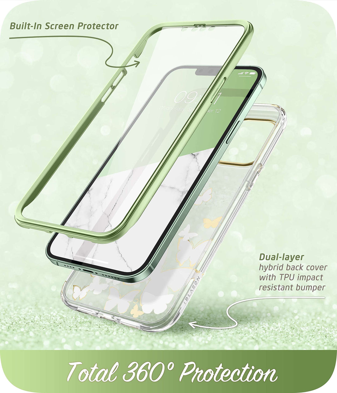i-Blason Cosmo for iPhone 13 Pro Max Case [Built-in Screen Protector] [Military-Grade Protection] Slim Full-Body Stylish Protective Shockproof Phone Case for iPhone 13 Pro Max (Butterfly)