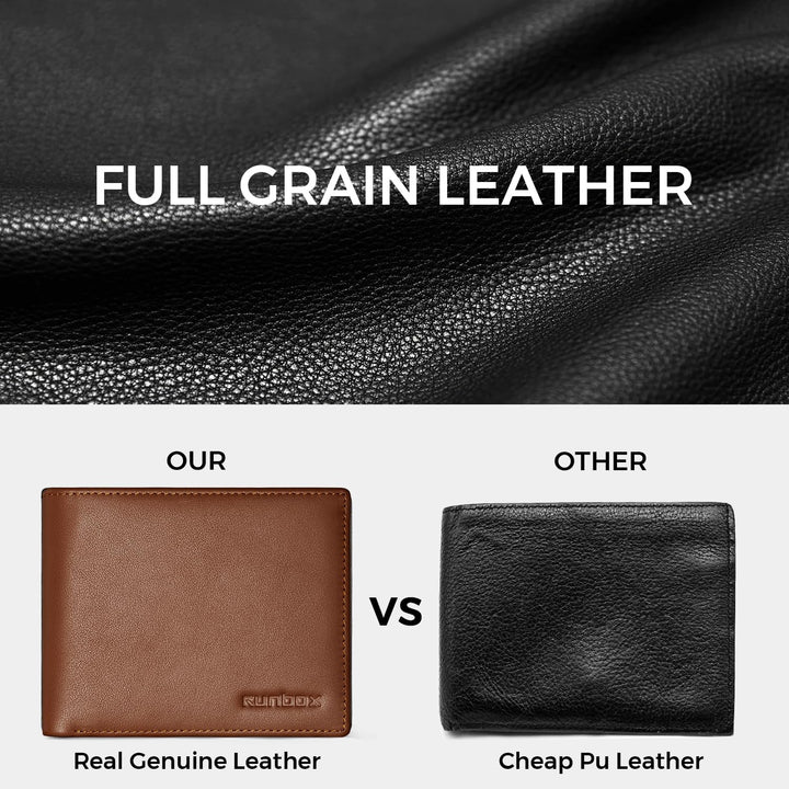 RUNBOX Wallet for Men Leather RFID Blocking Bifold Front Pocket Wallet Genuine Leather,Slim,12 Card Slots,2 ID Windows,2 Money Pockets, Gift for Men,Compact Travel Business Passport
