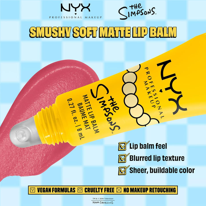 بلسم الشفاه المطفي سموشي من NYX PROFESSIONAL MAKEUP، مكياج شفاه قابل للبناء ومموّه، بالتعاون مع ذا سيمبسونز، نباتي ولم يختبر على الحيوانات