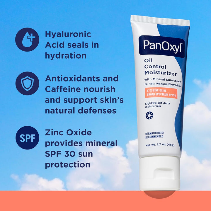 PanOxyl AM Oil Control Moisturizer, NEW Sheer Formula, Absorbs Excess Oil and Reduces Shine, with Mineral Sunscreen for Acne Prone and Oily And All Skin Tones - 1.7 oz