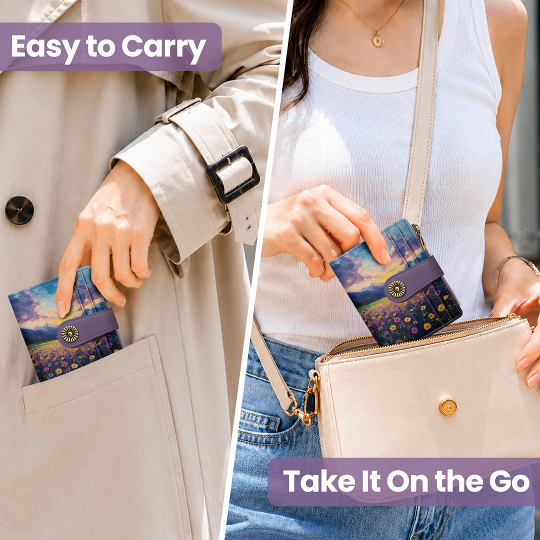 محفظة ألونيد الصغيرة للنساء، محفظة بطاقات ثنائية الطي لطيفة ومحمية من تقنية RFID، تحتوي على 10 فتحات للبطاقات، ومقصورة للنقود، وجيب بسحاب للعملات المعدنية، ونافذة للهوية، بحجم مدمج ومصنوعة من جلد نباتي ناعم