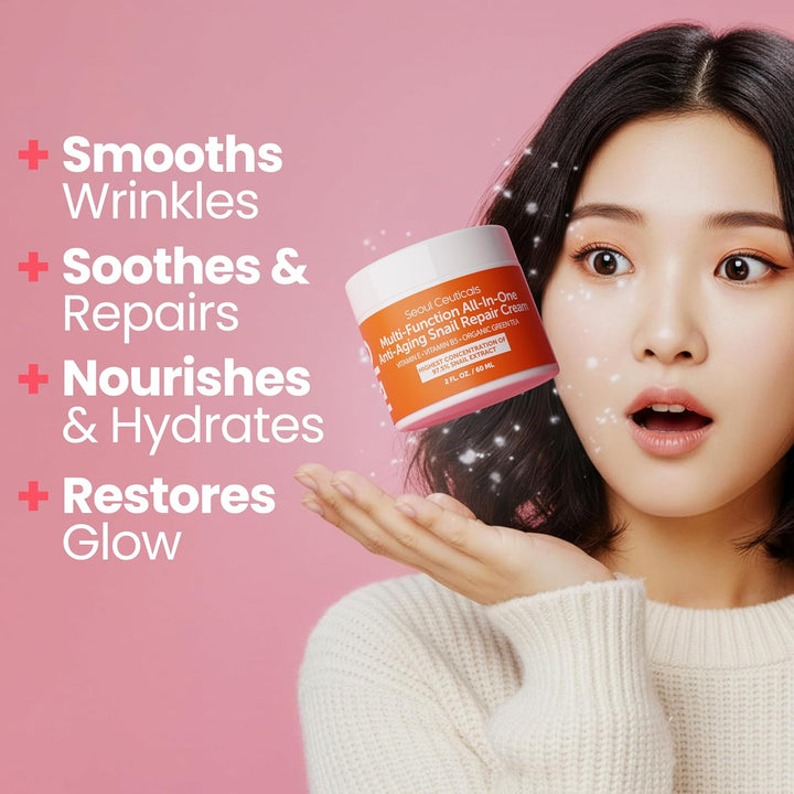 SeoulCeuticals Snail Mucin Moisturizer 97.5% - Korean Skin Care Snail Repair Cream - Day &amp; Night Anti Aging K Beauty Skincare Cruelty Free 2oz