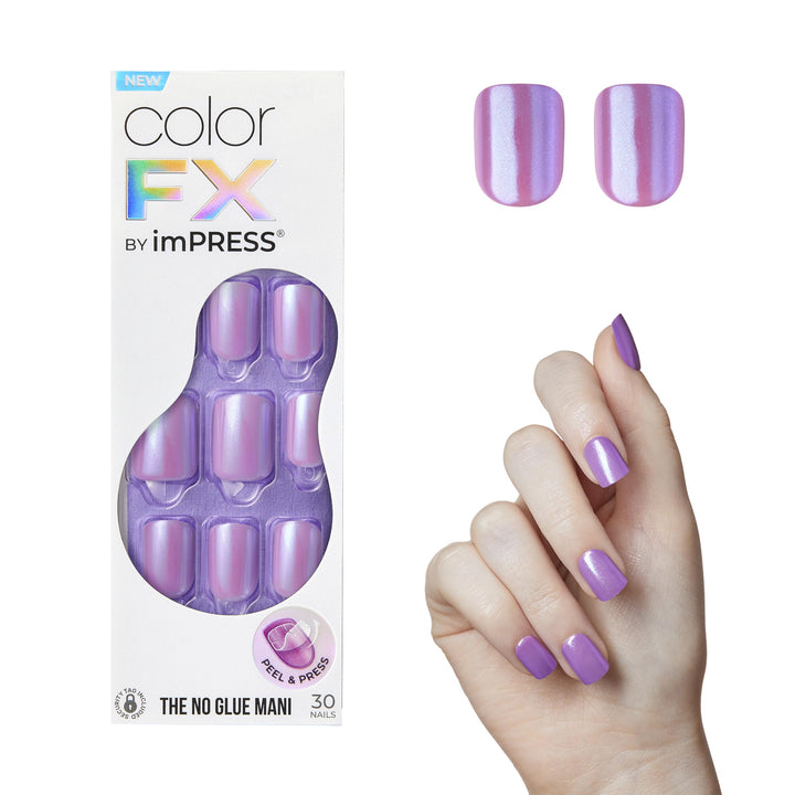 KISS colorFX by imPRESS Press On Nails , ‘Reconnect’, Solid Blue with Pearlescent Finish, Short Oval, New &amp; Improved Adhesive, Includes 30 Fake Nails, Prep Pad, 1 Manicure Stick, 1 Mini Nail File