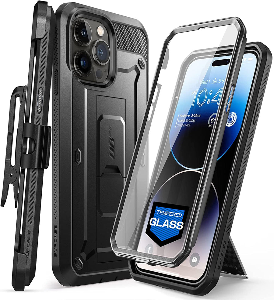 SUPCASE Unicorn Beetle Pro Case for iPhone 14 Pro Max 6.7", Built-in [9H Tempered Glass Screen Protector] Heavy Duty Rugged Case with Kickstand & Belt-Clip (Dark Black) - 3alababak