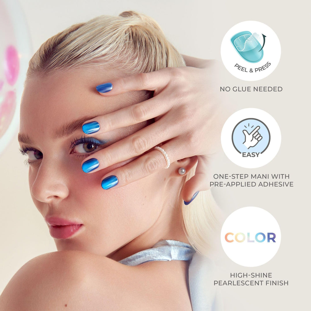 KISS colorFX by imPRESS Press On Nails , ‘Reconnect’, Solid Blue with Pearlescent Finish, Short Oval, New &amp; Improved Adhesive, Includes 30 Fake Nails, Prep Pad, 1 Manicure Stick, 1 Mini Nail File