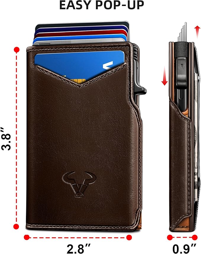 BULLIANT Men Wallet Gift Boxed,Slim Front Pocket Wallet Money Clip Card Holder 3.8"x2.7",Pop-up Access - Alaska Leather Burnt Umber