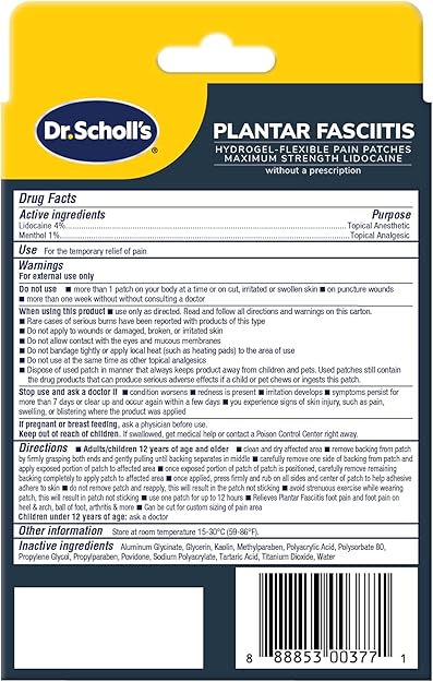 Dr. Scholl's Plantar Fasciitis Pain Patche with Hydrogel Flexible Technology, Clinically Tested 12-Hour Daily Pain Relief - Contours to Your Foot - with Lidocaine & Menthol, 1 Treatment