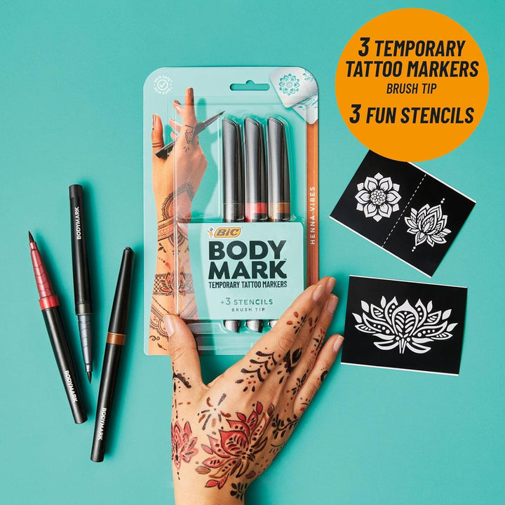 BIC BodyMark Temporary Tattoo Marker, Henna Vibes, Assorted Colors, 3-Count