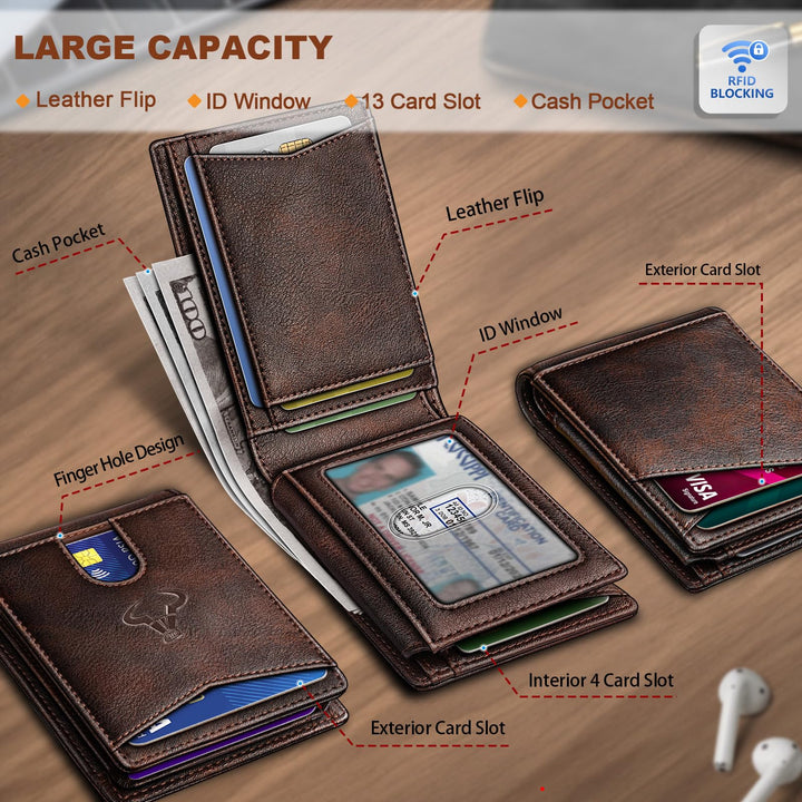 BULLIANT Men Wallet, Slim Leather Wallet Front Pocket Card Holder Gift For Men 11 Slots RFID Blocking