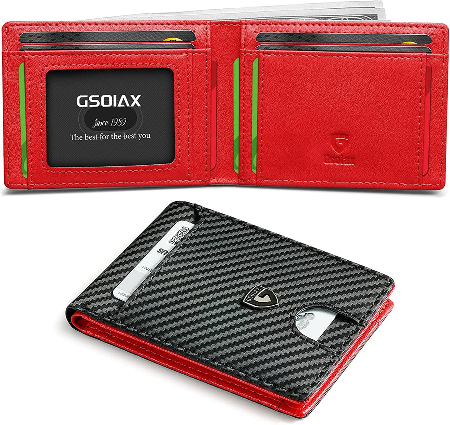 GSOIAX Mens Slim Wallet RFID Blocking Bifold Carbon Fiber Thin wallets for men Minimalist Genuine Leather Card Holder Money Clip with Gift Box - 3alababak