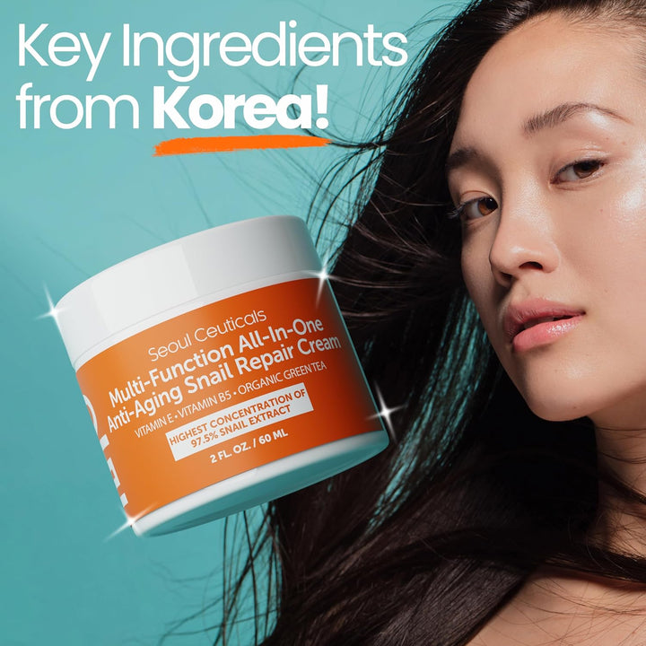 SeoulCeuticals Snail Mucin Moisturizer 97.5% - Korean Skin Care Snail Repair Cream - Day &amp; Night Anti Aging K Beauty Skincare Cruelty Free 2oz