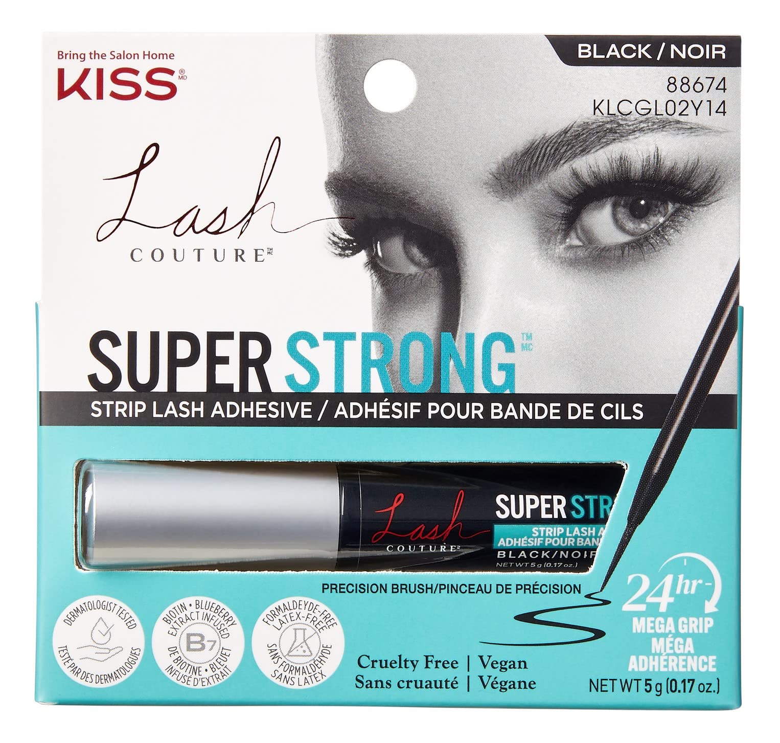 KISS Lash Couture Black Strip Lash Adhesive with Biotin & Blueberry Extract, Latex-Free, Dermatologist Tested, Contact Lens Friendly, Strong Hold, Gentle Formula, with Brush Tip Applicator, 0.17 Oz. - 3alababak