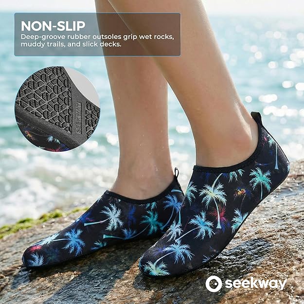 SEEKWAY Water Shoes Women Men Adult Quick-Dry Aqua Socks Barefoot Non Slip for Beach Swim River Pool Lake surf Black 2e-1302 Coconut Tree