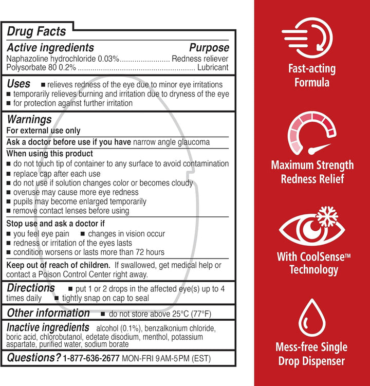 Rohto Max Strength Redness Reliever, Lubricant Eye Drops, Fast, Cooling Relief for Red, Dry, Itchy Eyes, Redness and Dryness Symptom Relief, Soothing Eye Drops, 0.4 fl oz Bottle