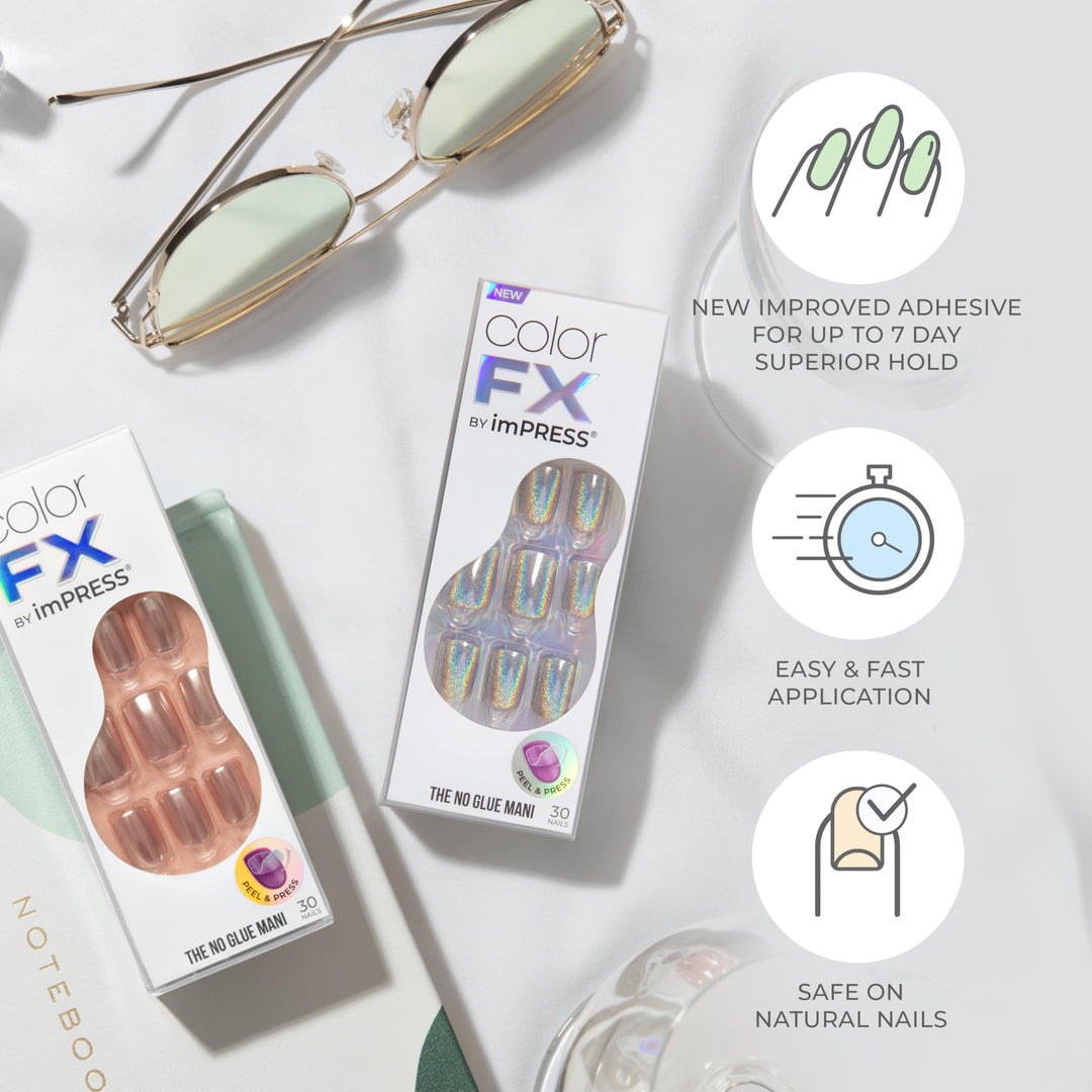 KISS colorFX by imPRESS Press On Nails , ‘Reconnect’, Solid Blue with Pearlescent Finish, Short Oval, New &amp; Improved Adhesive, Includes 30 Fake Nails, Prep Pad, 1 Manicure Stick, 1 Mini Nail File