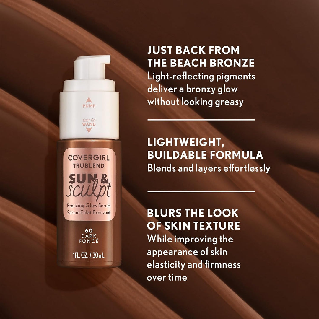 COVERGIRL TruBlend Sun &amp; Sculpt Bronzing Glow Serum, Buildable, Radiant Glow, Wand and Pump Applicator