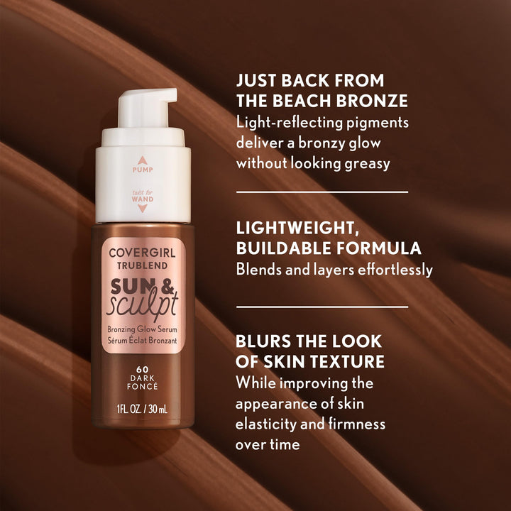 COVERGIRL TruBlend Sun &amp; Sculpt Bronzing Glow Serum, Buildable, Radiant Glow, Wand and Pump Applicator