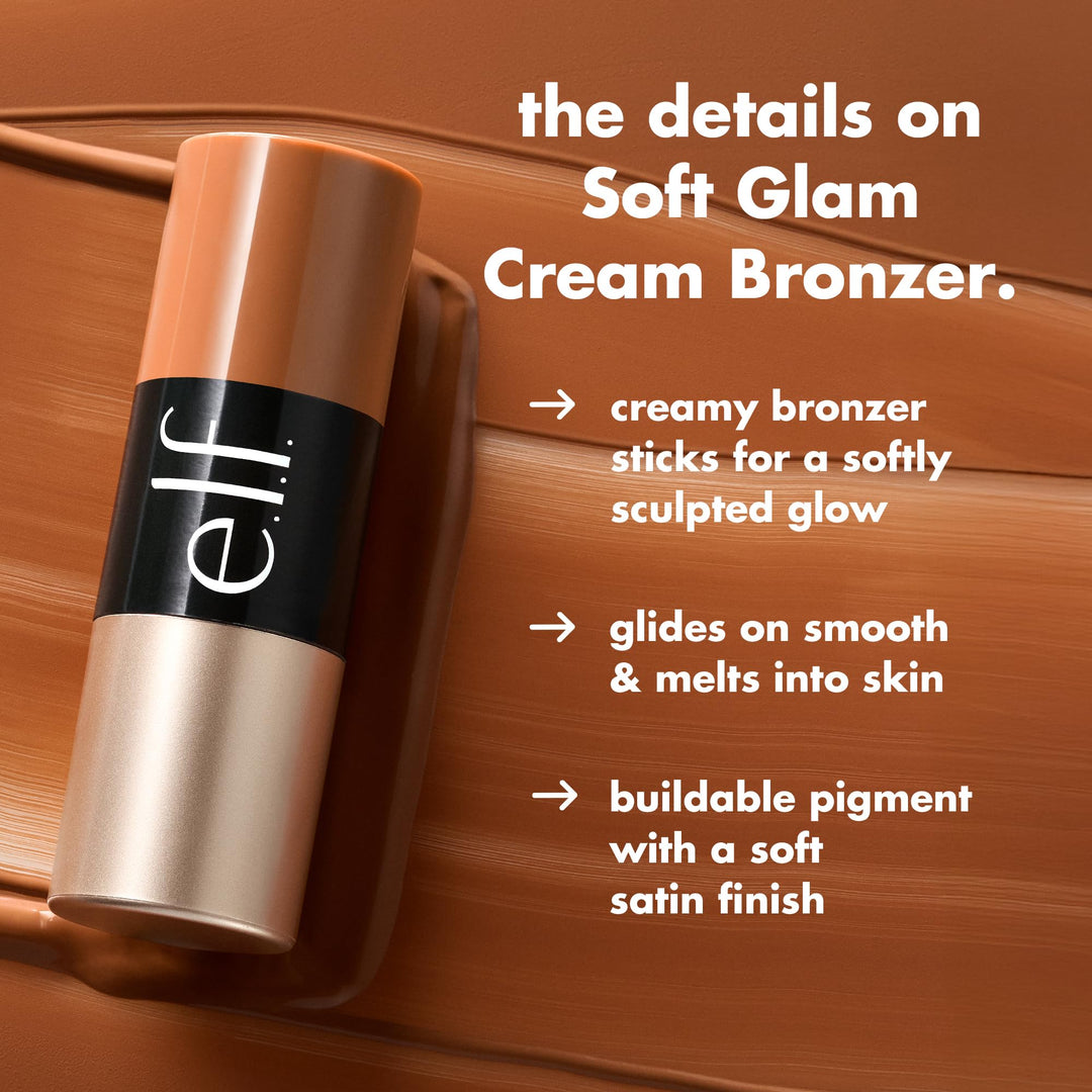 قلم برونزر كريمي سوفت جلام من e.l.f.، برونزر كريمي قابل للبناء لإشراقة منحوتة تدوم طويلاً ولمسة نهائية ساتان، تصميم لولبي، نباتي ولم يختبر على الحيوانات، درجة متوسطة