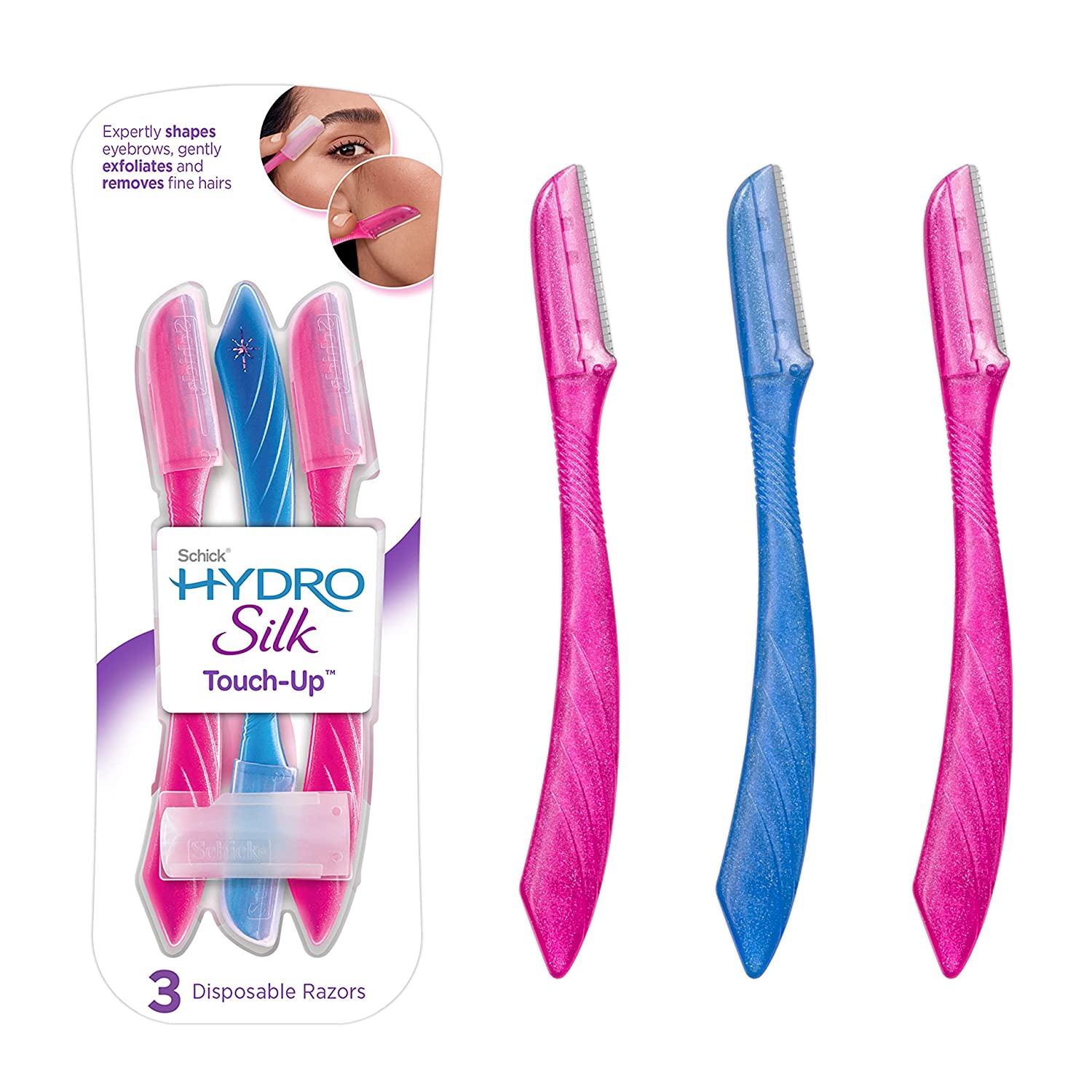 Schick Hydro Silk Touch-Up Multipurpose Exfoliating Dermaplaning Tool, Eyebrow Razor, and Facial Razor with Precision Cover, 3 Count - 3alababak