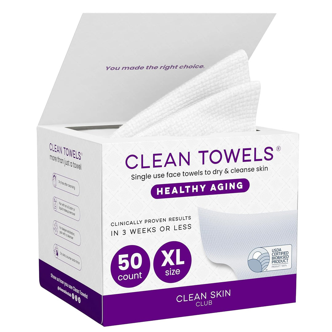 CLEAN SKIN CLUB Healthy Aging Clean Towels® XL, Smooths Fine Lines Wrinkles &amp; Texture, Disposable Face Dry Wipes, XL - 1 Pack (50 count)